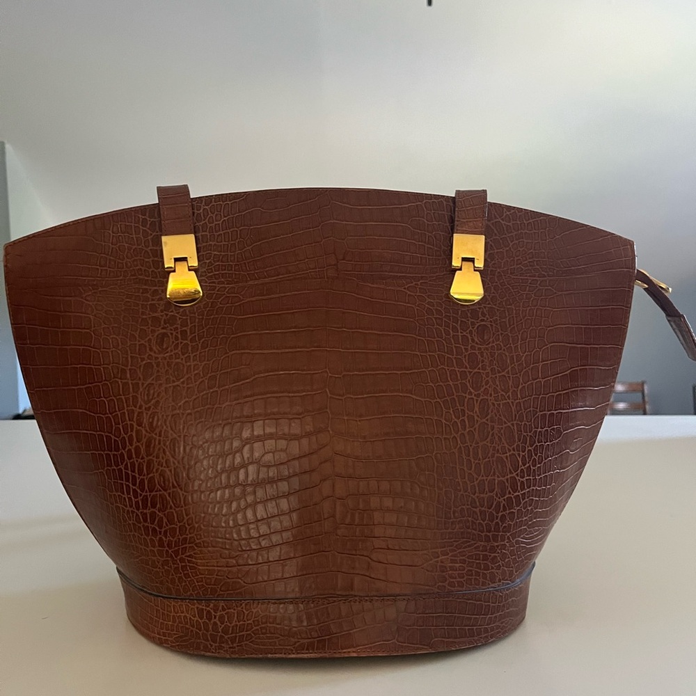 Italian Leather  Brown Crocodile-Embossed Tote Bag